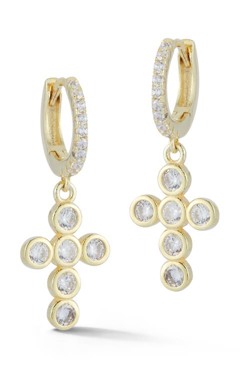 Cubic Zirconia Sterling SIlver Cross Huggie Hoop Earrings