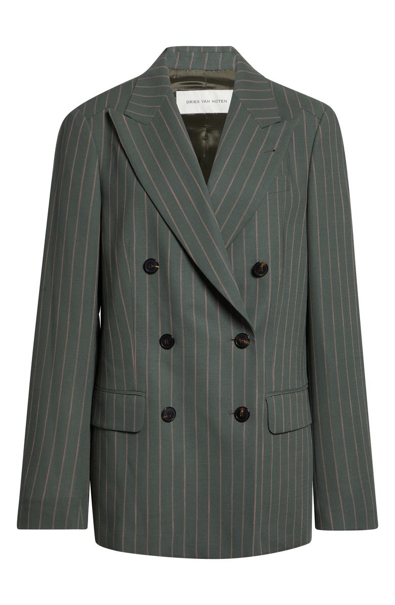 Dries Van Noten Pinstripe Double Breasted Virgin Wool & Cotton Crepe Blazer, Main, color, Forest
