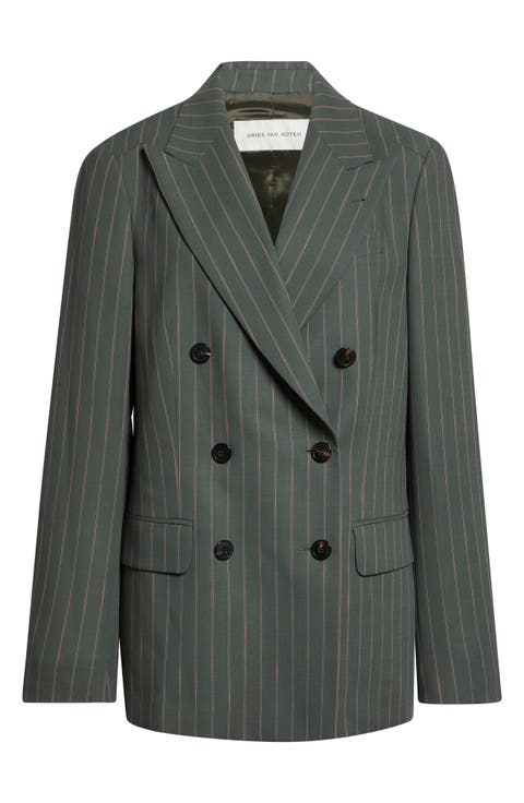 Pinstripe Double Breasted Virgin Wool & Cotton Crepe Blazer