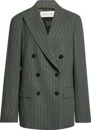 Dries Van Noten Pinstripe Double Breasted Virgin Wool & Cotton Crepe Blazer