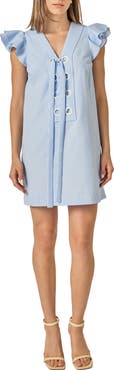 English Factory Stripe Seersucker Ruffle Sleeve Eyelet Minidress