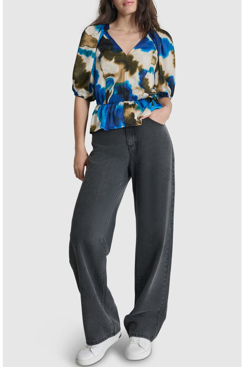 Abstract Print Peplum Top, Alternate, color, INK SWIRL
