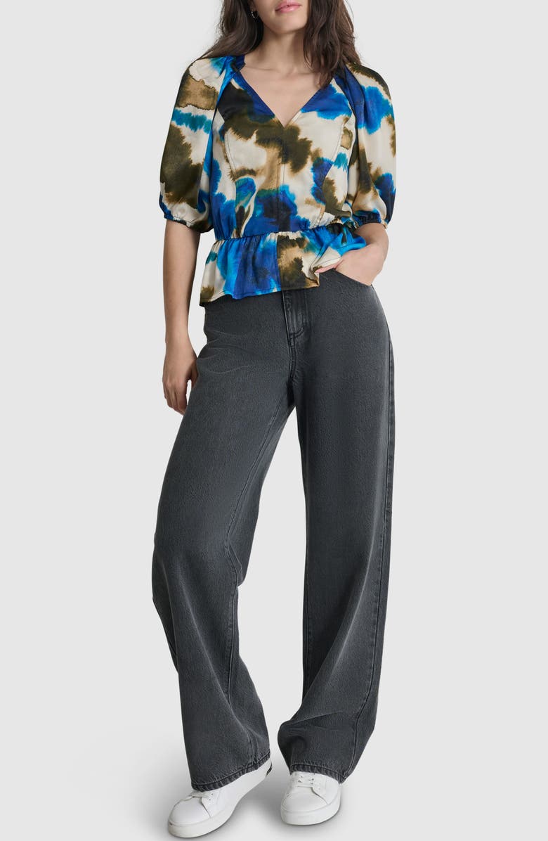 DKNY Abstract Print Peplum Top, Alternate, color, Ink Swirl