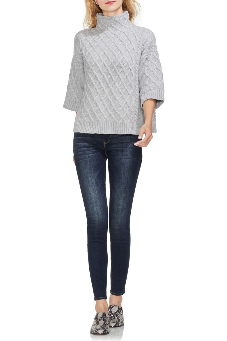 Cable Stitch Funnel Neck Sweater, Alternate, color, LIGHT HEATHER GREY