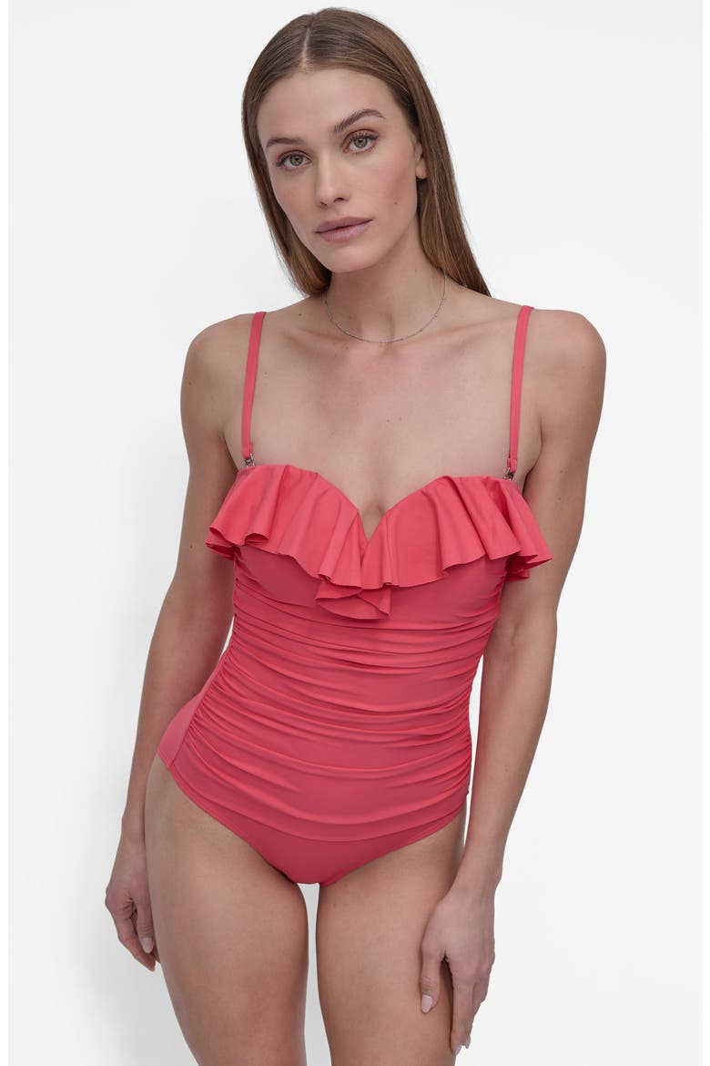 Ruffled Bandeau One-Piece Swimsuit, Alternate, color, PINK PUNCH
