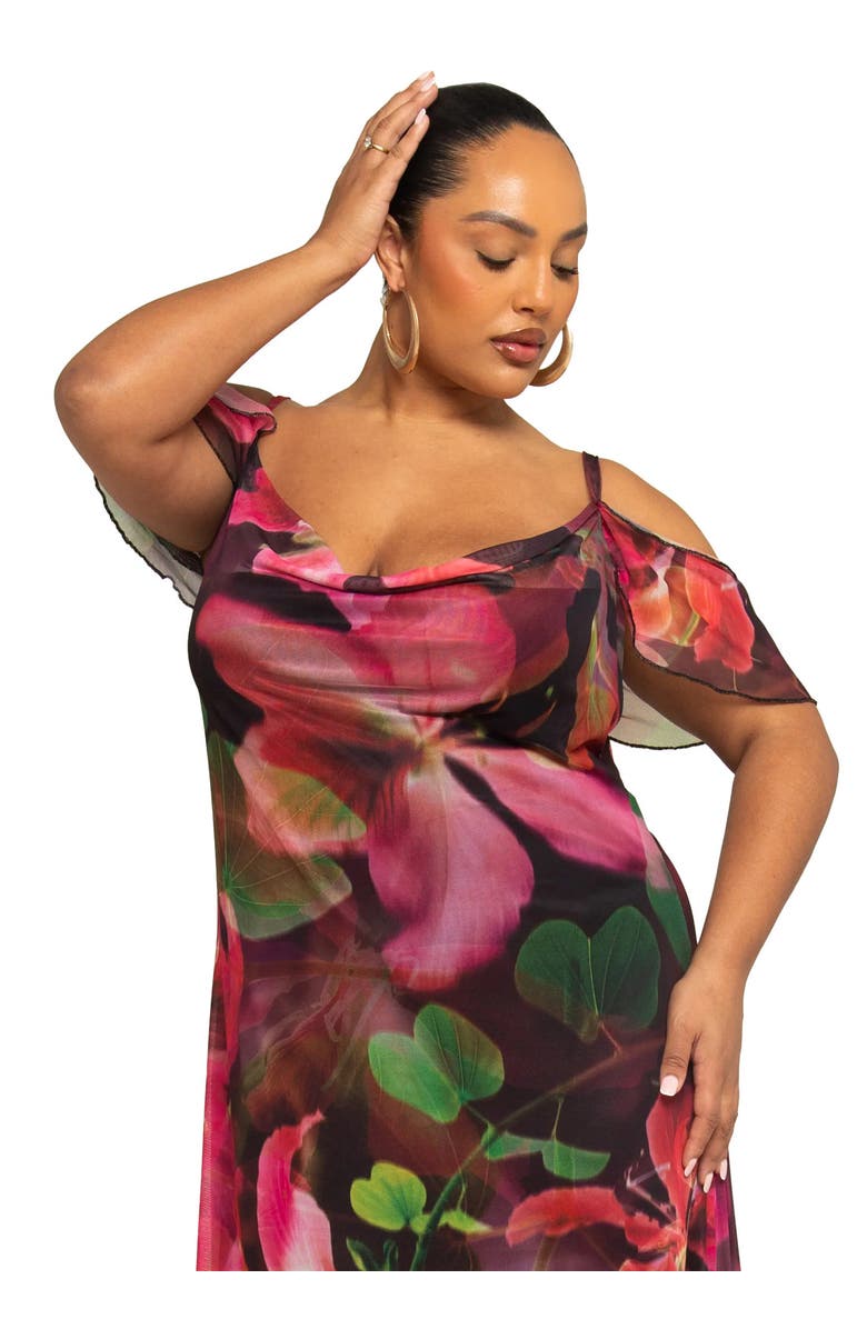 FASHION-SZN CURVE Mesh Off The Shoulder Printed Maxi Dress, Alternate, color, 