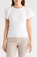 T Tahari Embroidered Eyelet Short Sleeve Sweater