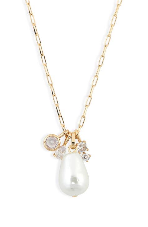 CZ & Faux Pearl Paper Clip Chain Necklace