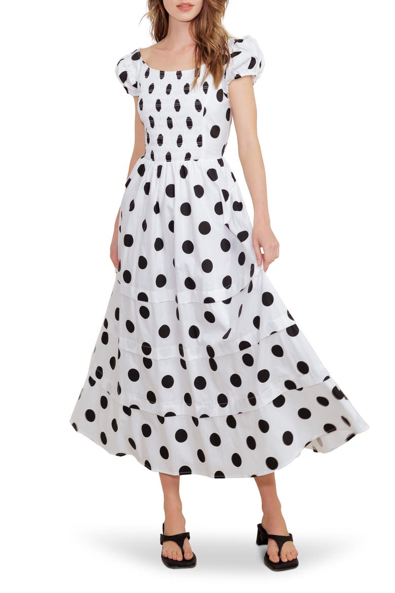 Tiered Polka Dot Stretch Cotton Midi Dress, Main, color, WHITE