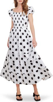 FREEMARKET Tiered Polka Dot Stretch Cotton Midi Dress