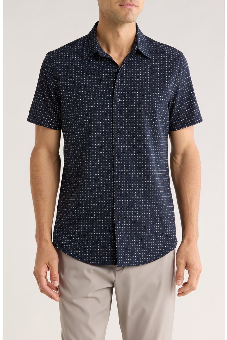 Geometric Print Short Sleeve Performance Button-Up Shirt, Main, color, NAVY MORI GEOMETRIC