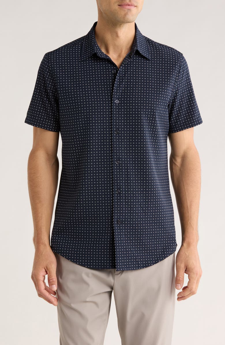 14th & Union Geometric Print Short Sleeve Performance Button-Up Shirt, Main, color, Navy Mori Geometric