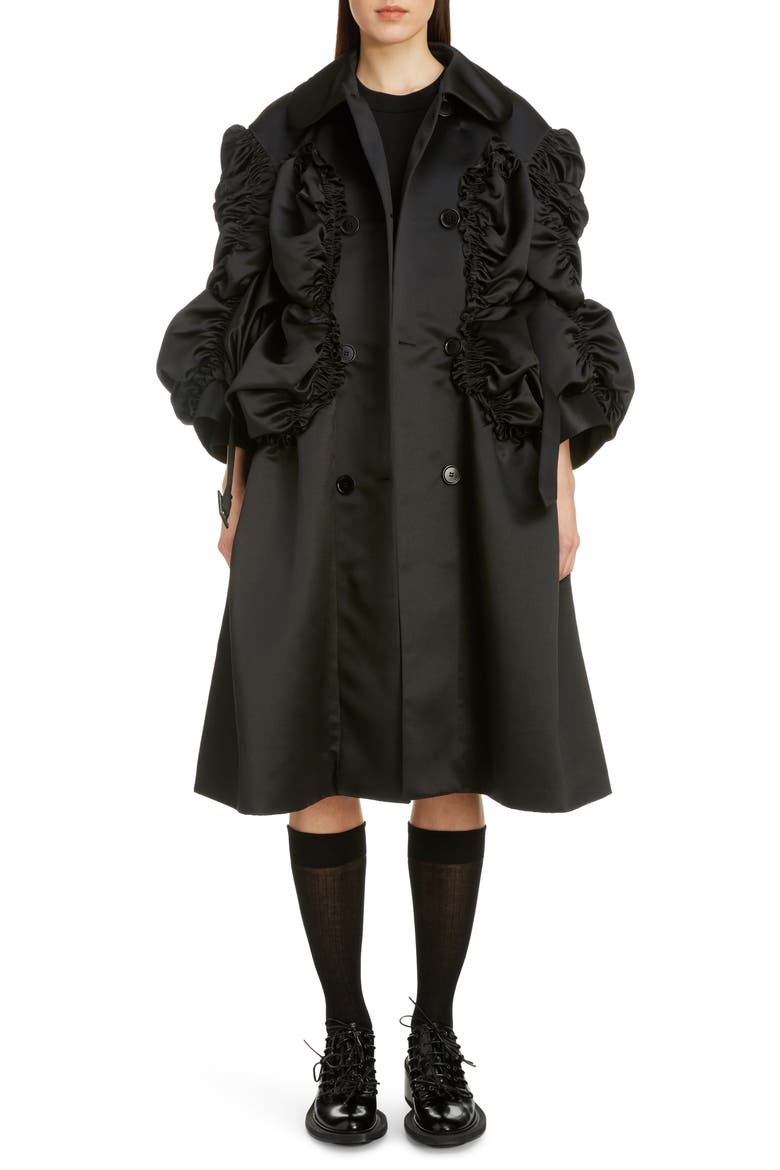 Belted Shirred Satin Coat, Main, color, BLACK