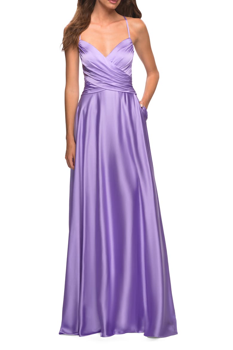 Bright Satin Gown with Criss-Cross Ruched Top, Main, color, LAVENDER