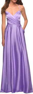 La Femme Bright Satin Gown with Criss-Cross Ruched Top