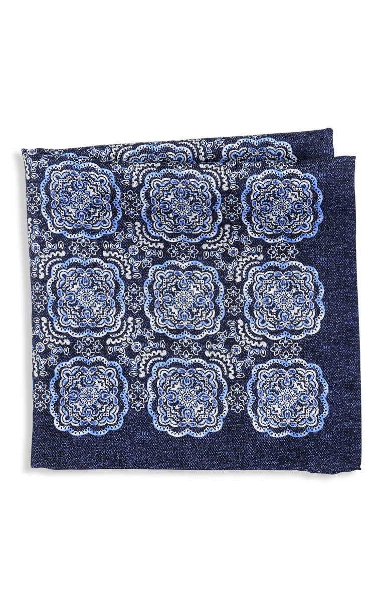 Oak Hill Premium by DXL Big & Tall Medallion Silk Pocket Square, Main, color, Navy