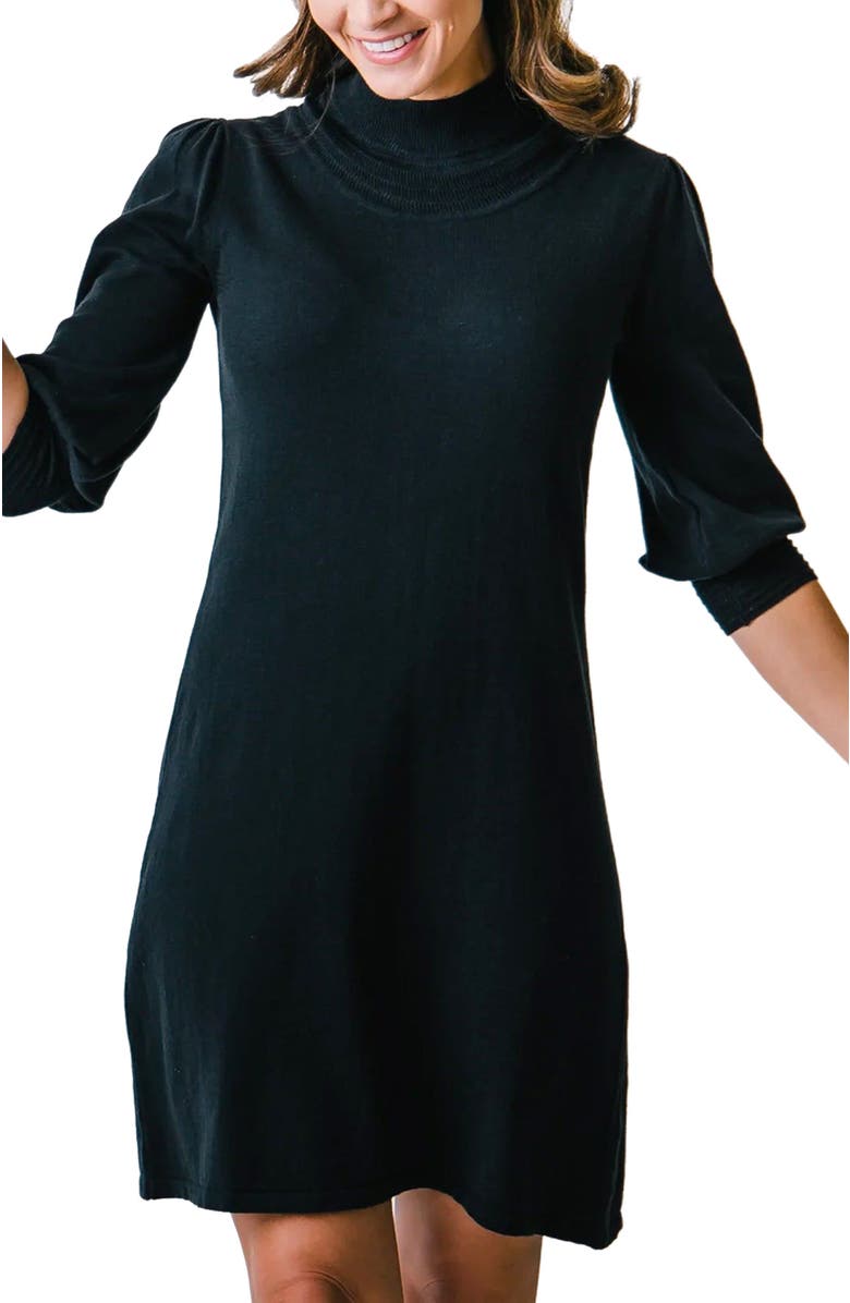 Hope & Henry Women's Mock Neck Puff Sleeve Sweater Dress, Alternate, color, Black