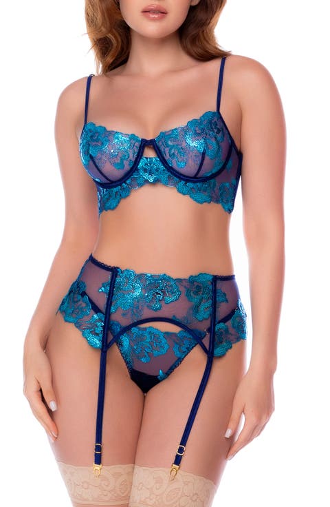 Floral Embroidered Underwire Bra, Thong & Garter Set