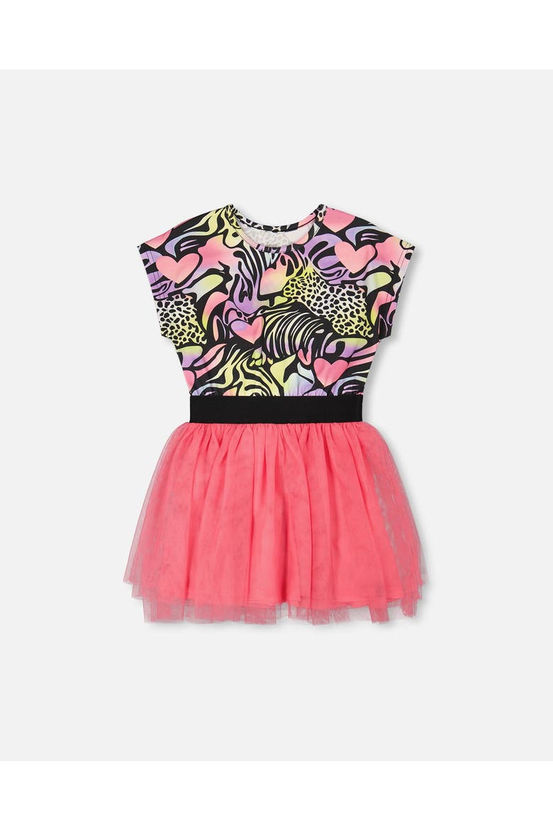 Short Sleeve Bi-Material Animal and Heart Dress, Main, color, Black with Multicolored Print