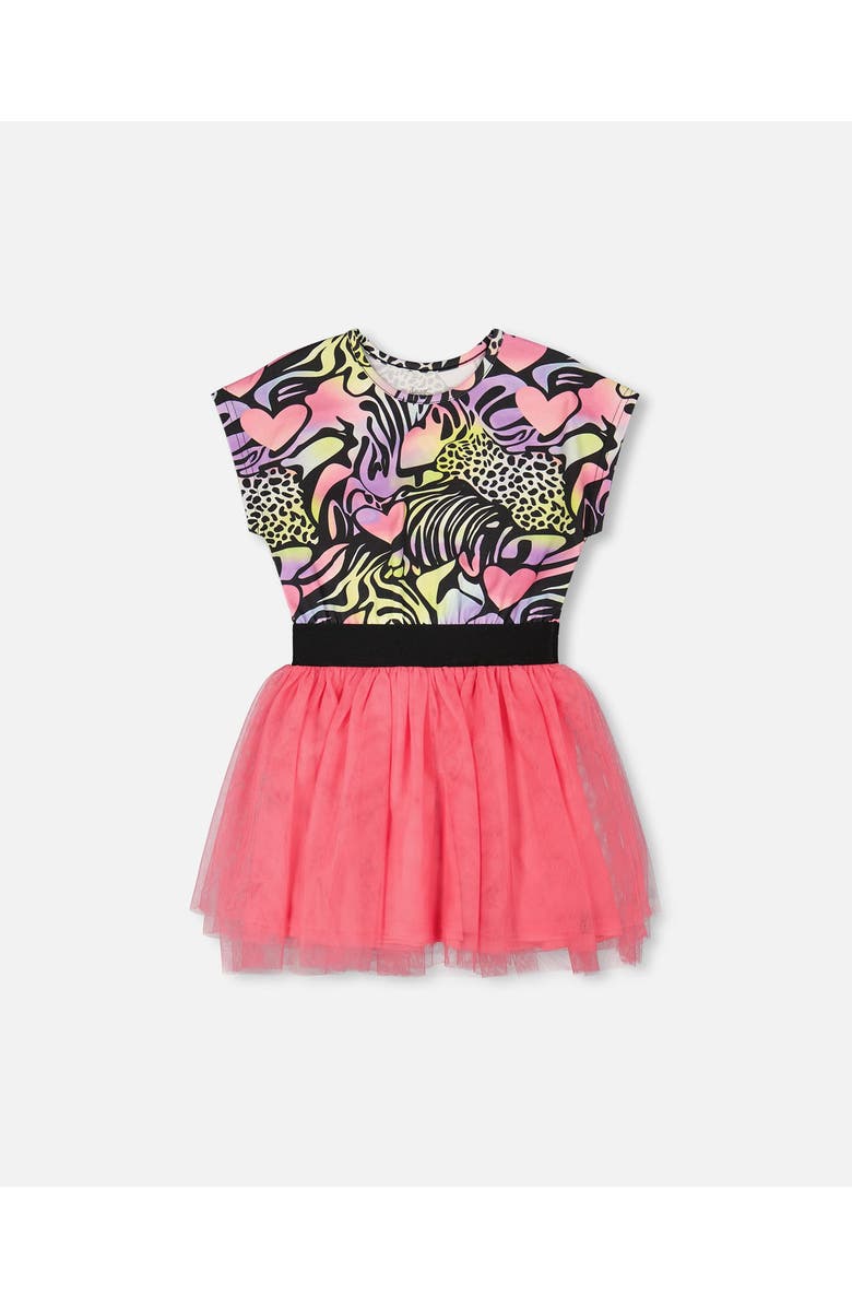 Deux par Deux Short Sleeve Bi-Material Animal and Heart Dress, Main, color, Black With Multicolored Print