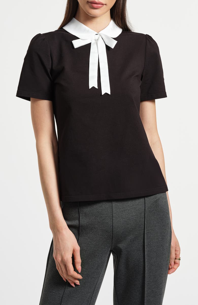 Isaac Mizrahi New York Satin Trim Peter Pan Collar Stretch Cotton T-Shirt, Main, color, Black/ White