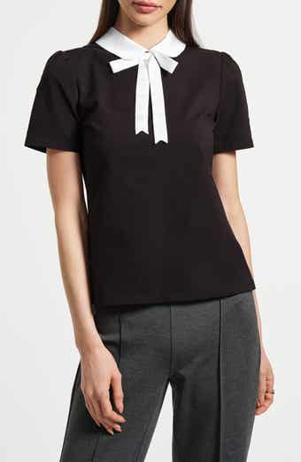 Isaac Mizrahi New York Satin Trim Peter Pan Collar Stretch Cotton T-Shirt