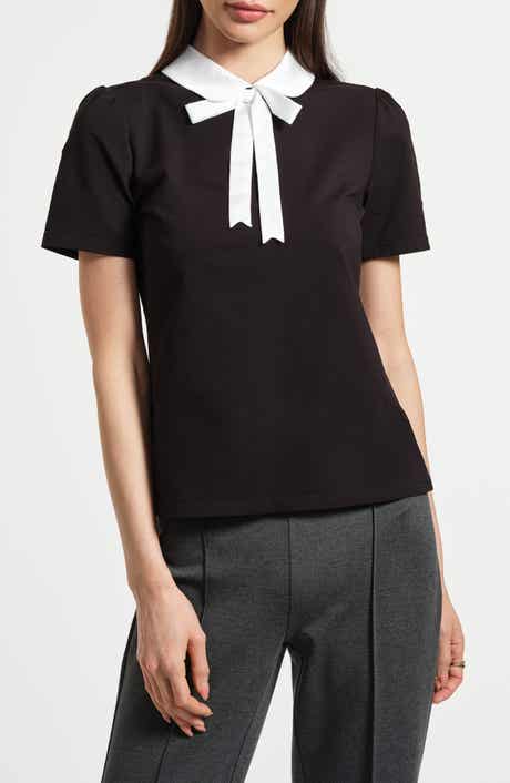 Isaac Mizrahi New York Satin Trim Peter Pan Collar Stretch Cotton T-Shirt