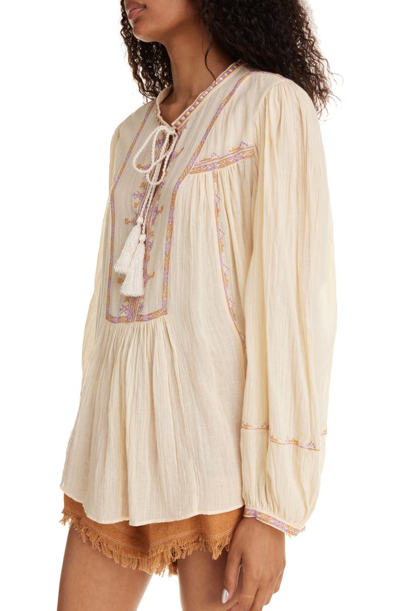 Isabel Marant Étoile Silekia Embroidered Tassel Tie Cotton Top, Alternate, color, Sunlight
