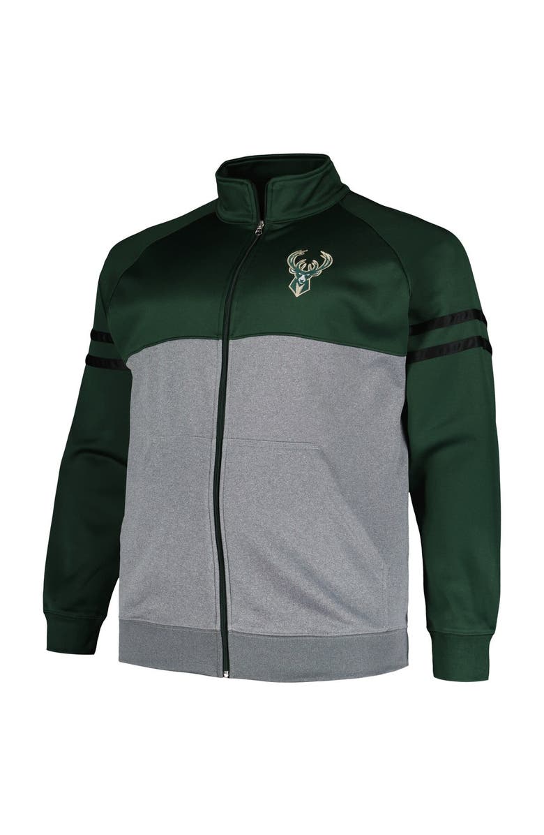 FANATICS Men's Fanatics Branded Hunter Green/Heather Gray Milwaukee Bucks Big & Tall Pieced Stripe Raglan Full-Zip Track Jacket, Alternate, color, 