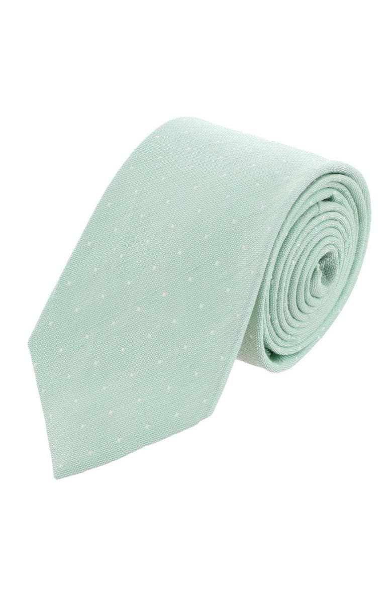 Trafalgar Churchill Chambray Polka Dot Linen Blend Necktie, Main, color, Light Green With Polka Dots