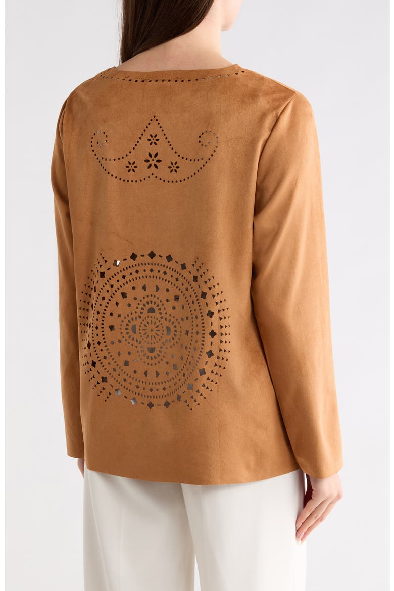 Laser-Cut Faux Suede Cardigan, Alternate, color, CAMEL