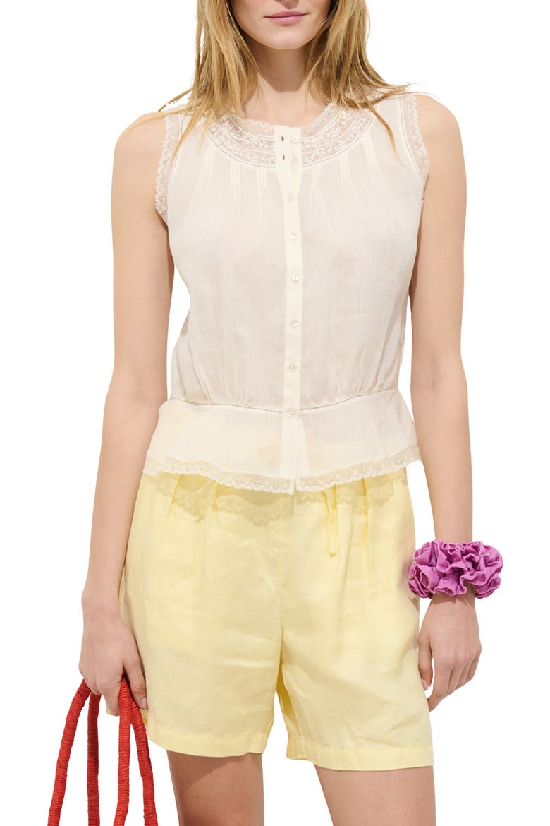 Collette Lace Trim Ruffle Sleeveless Top, Main, color, IVORY