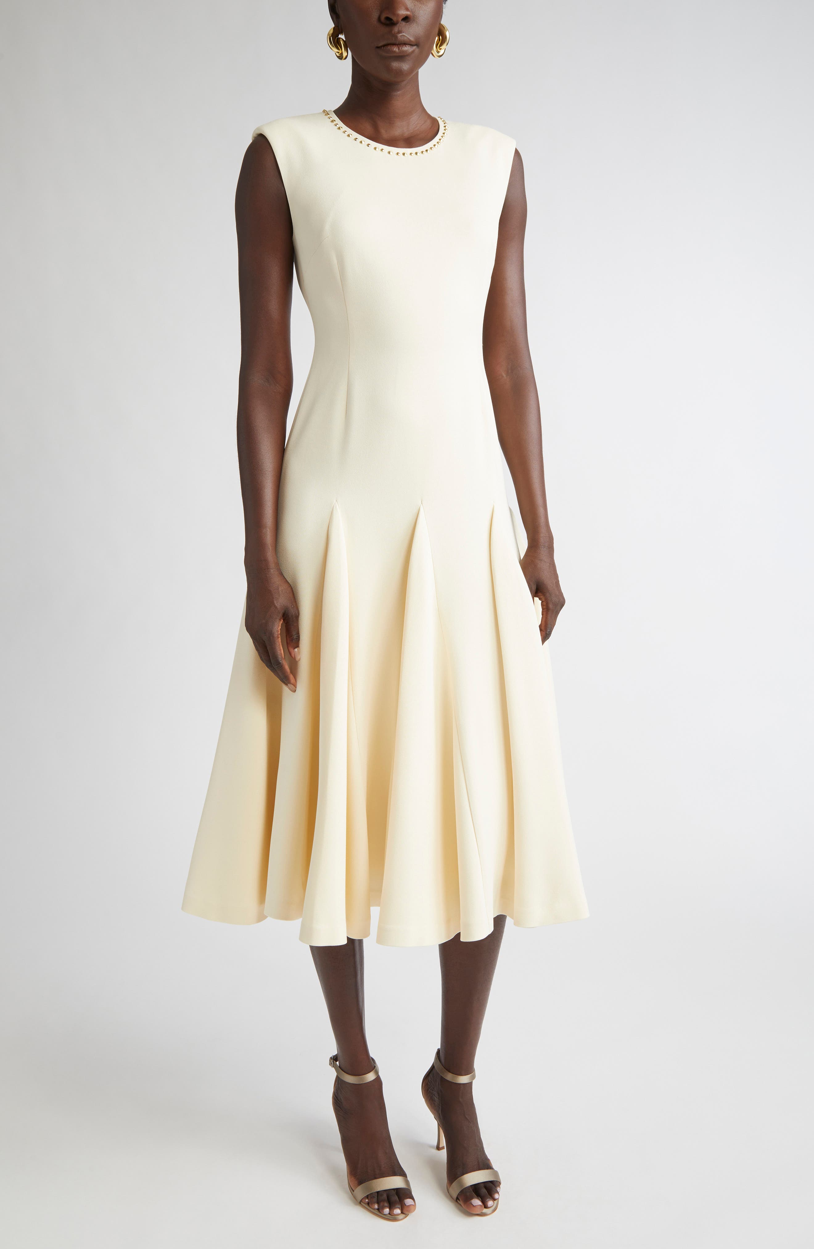 Stud Embellished Sleeveless Stretch Cady Midi Dress