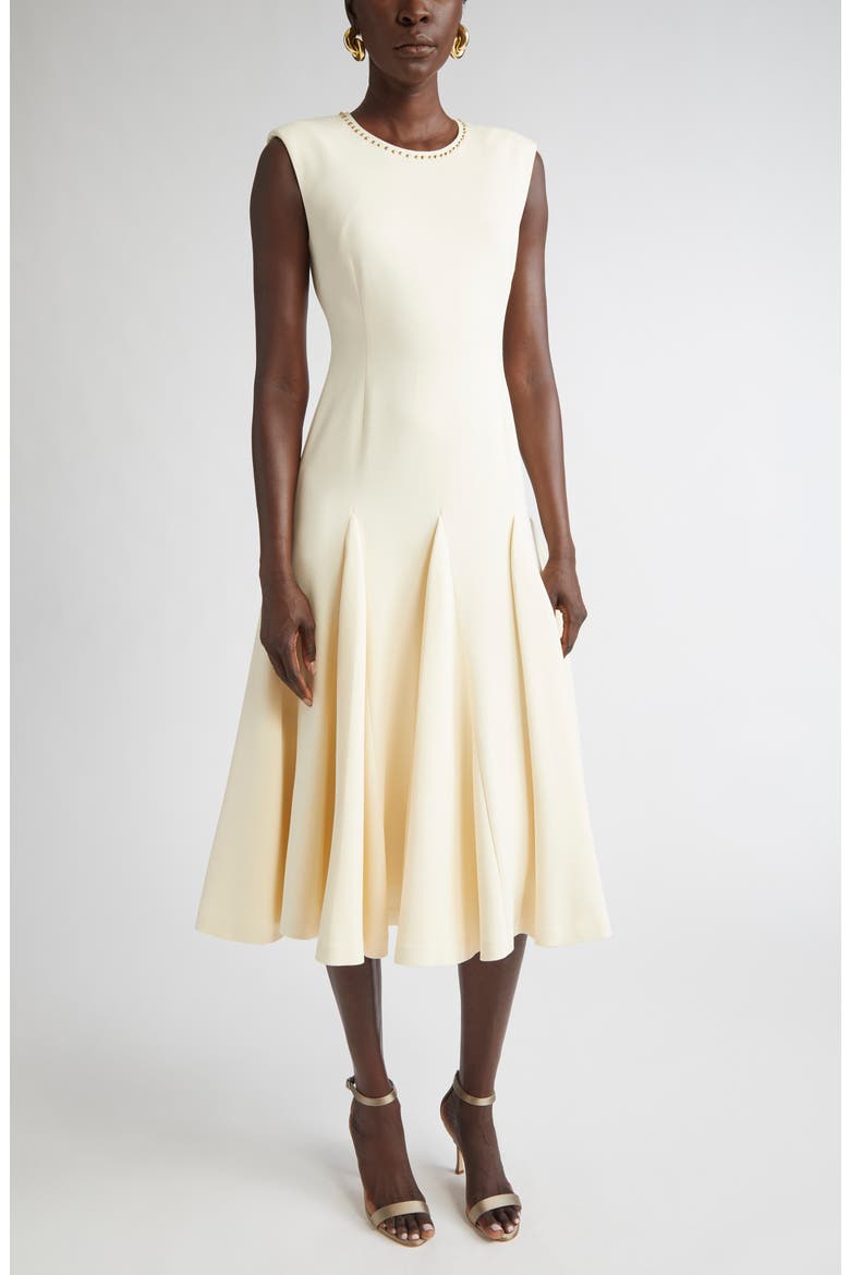 Stud Embellished Sleeveless Stretch Cady Midi Dress, Main, color, BUTTER