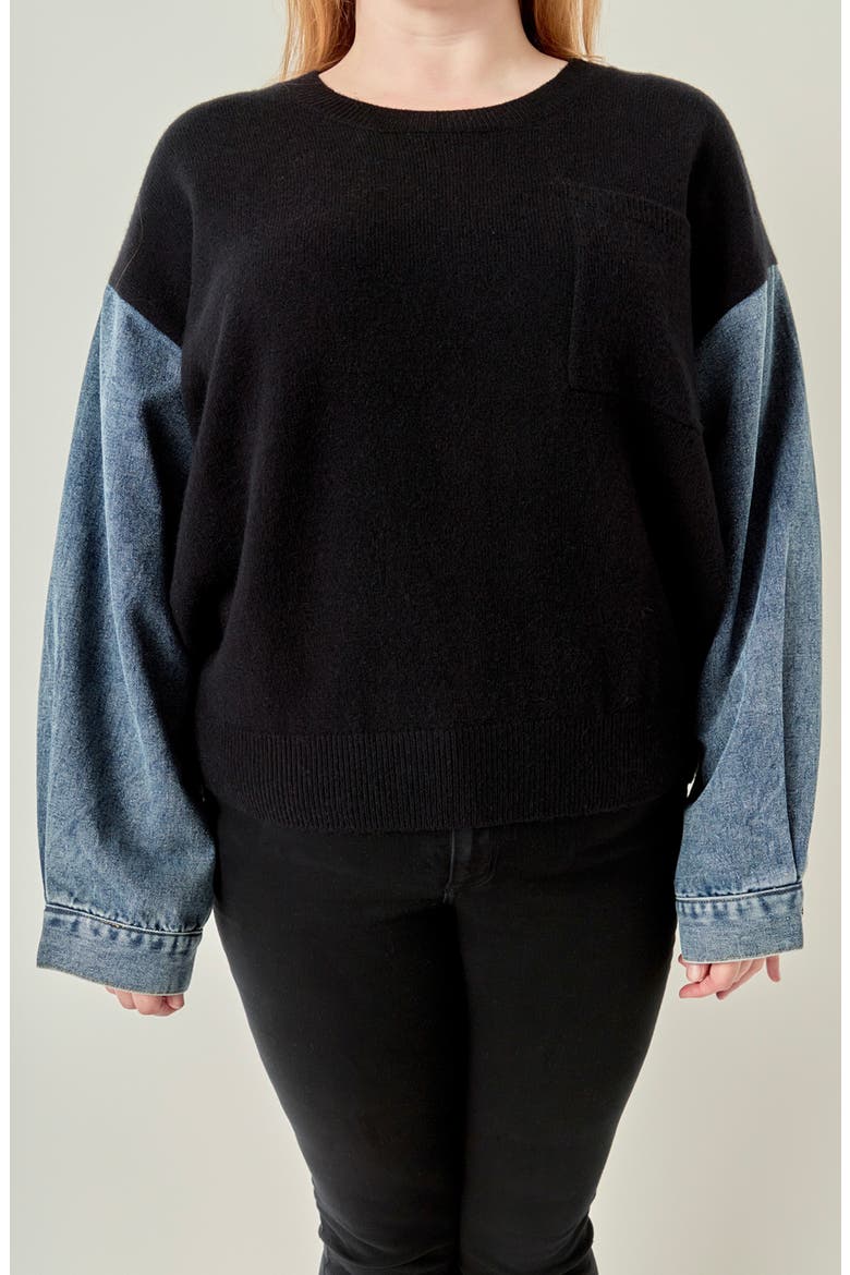 Denim Combo Sleeve Sweater, Alternate, color, BLACK / DENIM