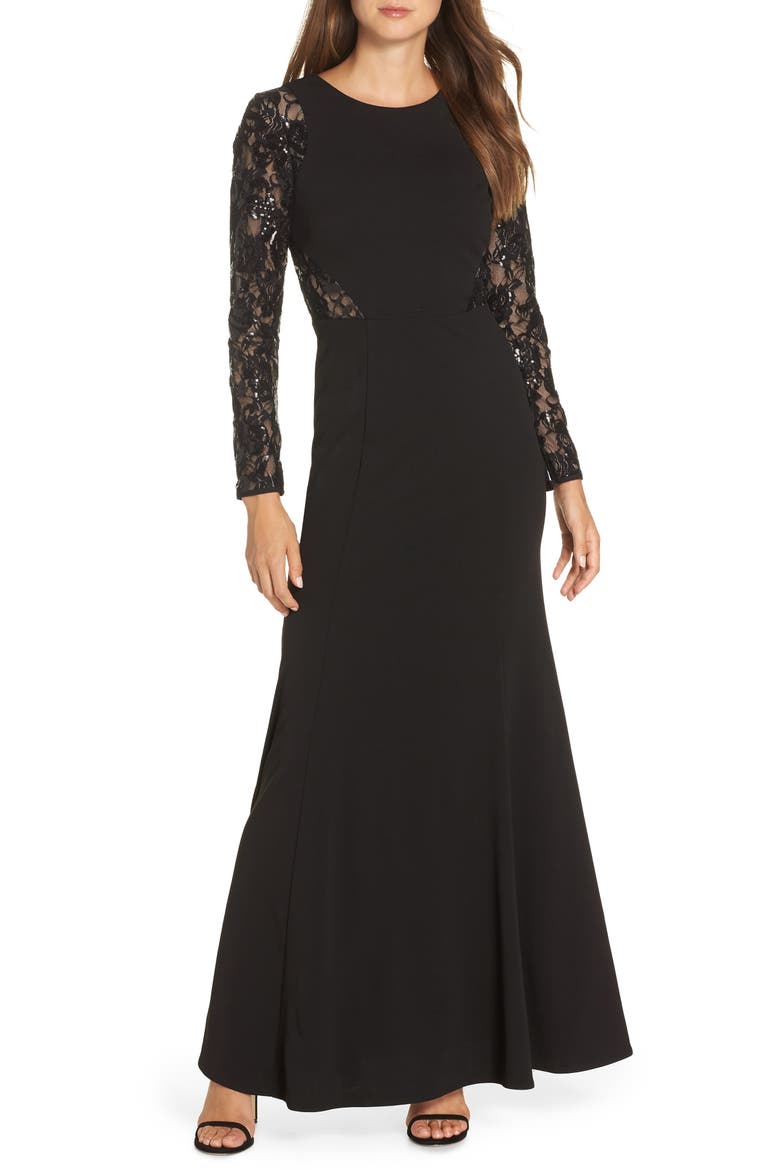 Embellished Lace Gown, Main, color, BLACK