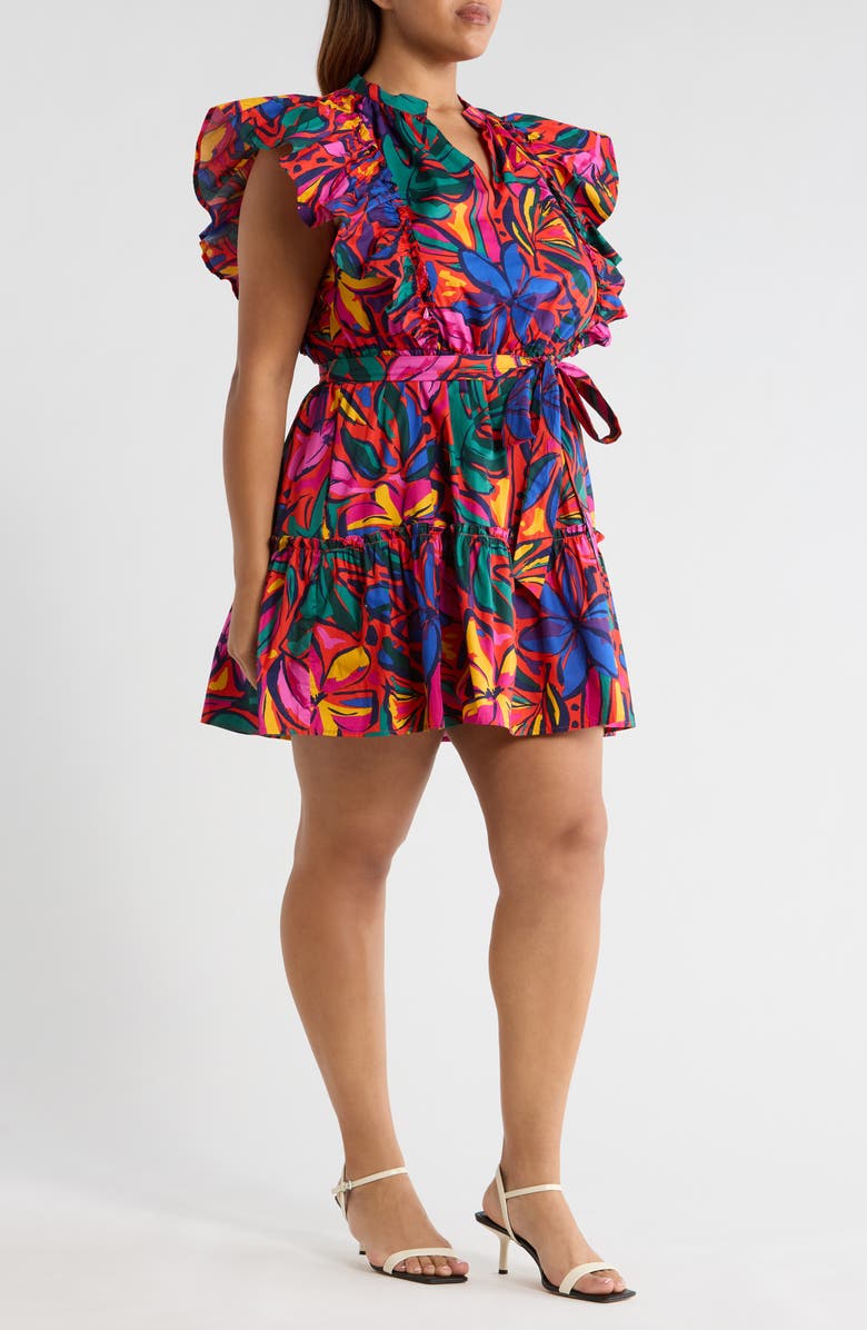 SUGARLIPS Rainbow Tropics Floral Ruffle Minidress, Alternate, color, Red-Multi