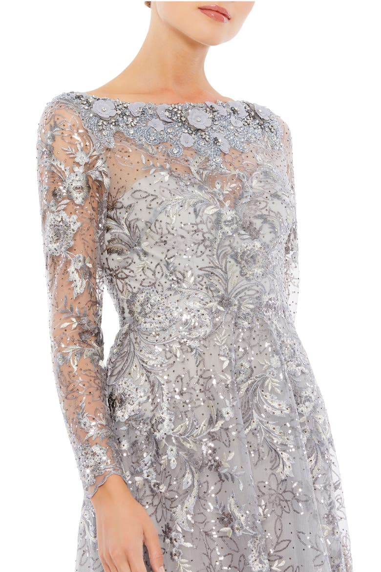 Floral Rhinestone Embroidered Sweetheart Illusion Long Sleeve Gown, Alternate, color, STERLING