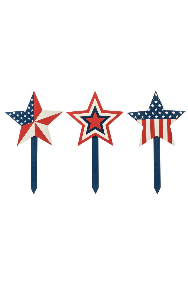Glitzhome Set of 3 Wooden Patriotic Star Yard Stake, Main, color, Blue