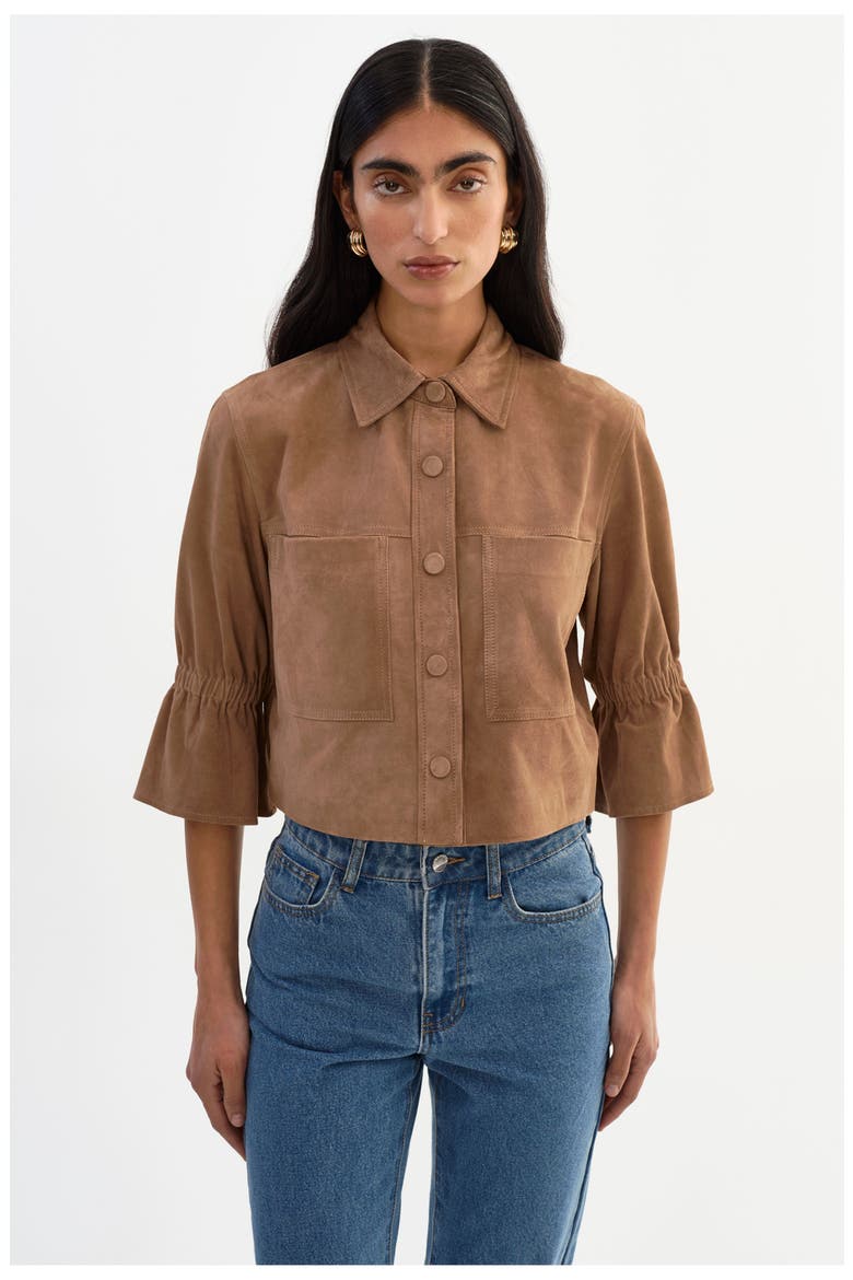 Carolina S | Suede Ruffle Sleeve Jacket, Alternate, color, Latte