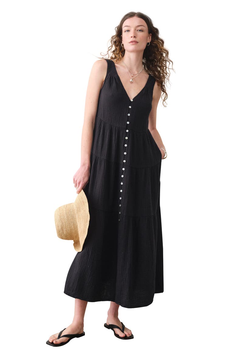 Corrine Texture Sleeveless Tiered Organic Cotton Maxi Dress, Alternate, color, BLACK