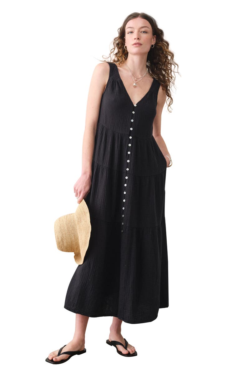 Marine Layer Corrine Texture Sleeveless Tiered Organic Cotton Maxi Dress, Alternate, color, Black