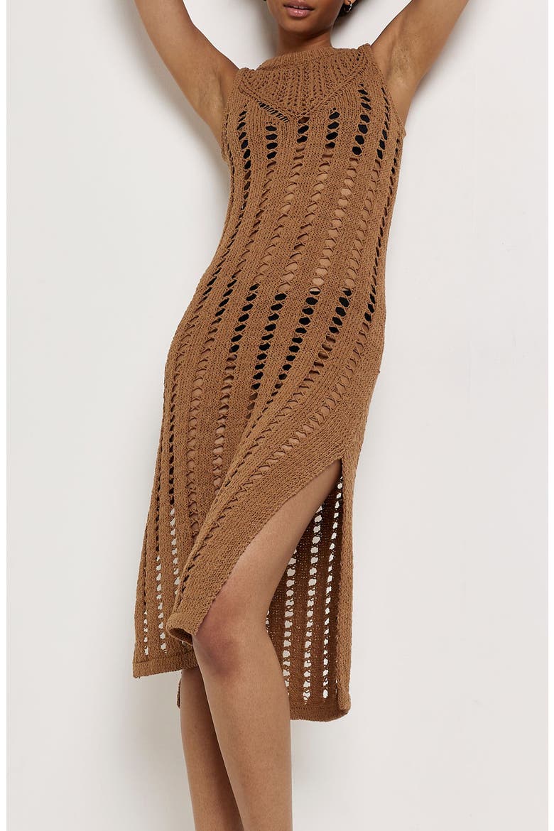 Ladder Stitch Sleeveless Cotton Crochet Knit Dress, Alternate, color, BROWN