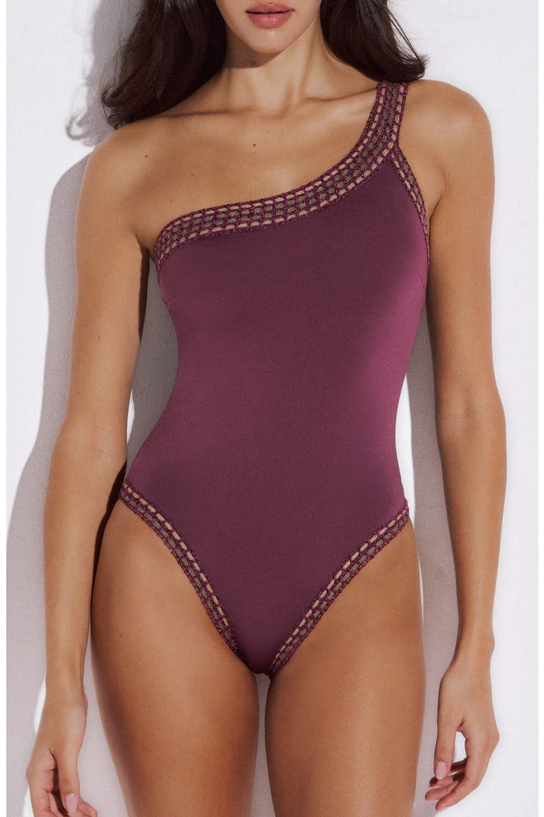 Melia One Shoulder Swimsuit with Crocheted Border, Main, color, Rasberry