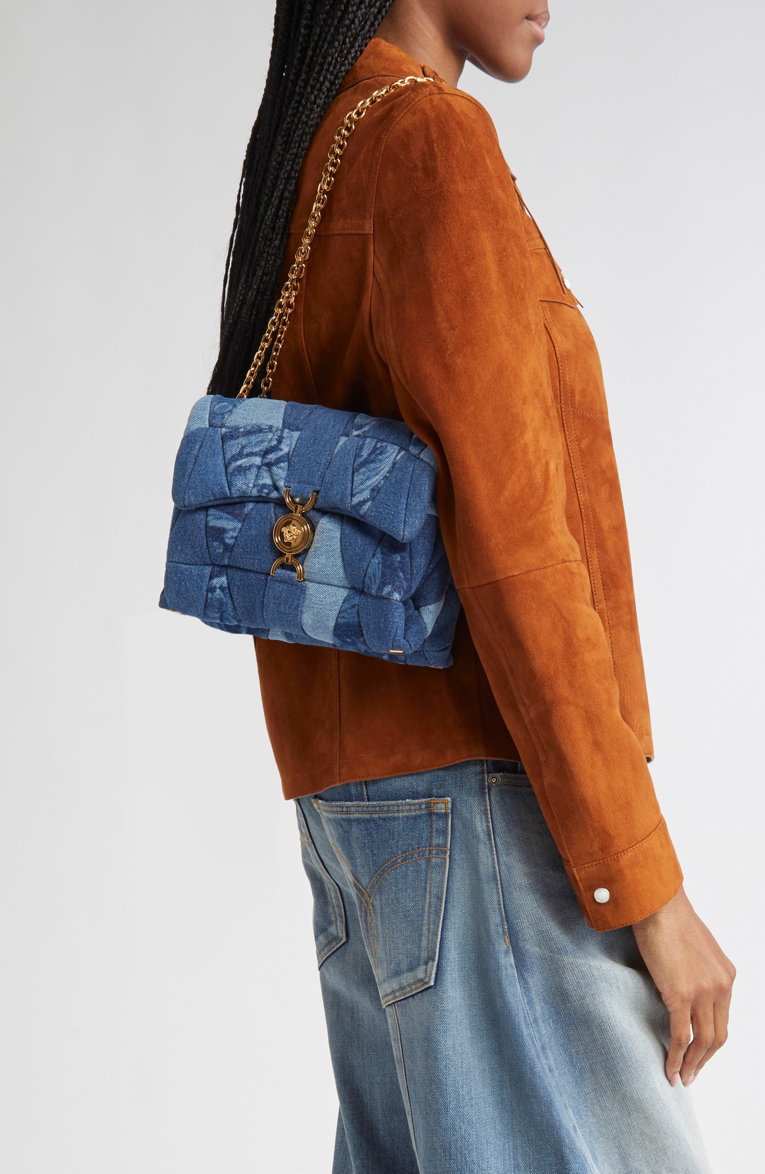 Versace Medusa 95 Quilted Patchwork Denim Shoulder Bag, Alternate, color, Blue Versace Gold