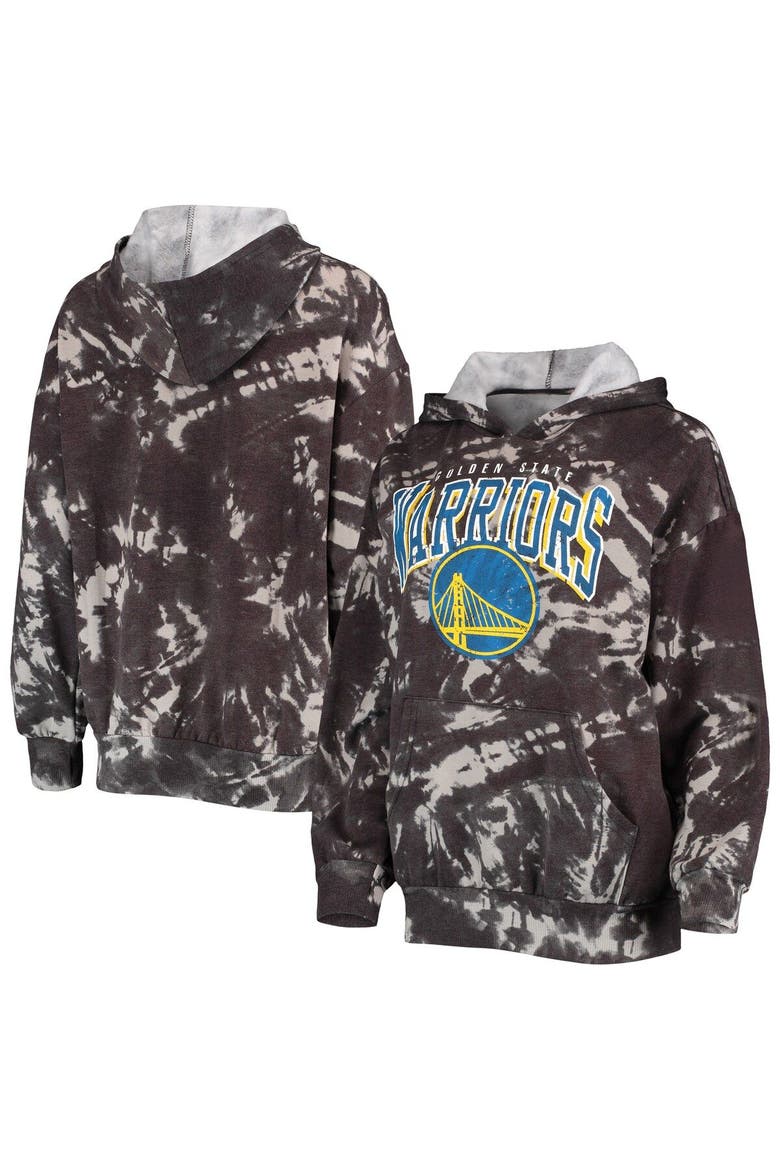 Women's Majestic Threads Black Golden State Warriors Burble Tie-Dye Tri-Blend Pullover Hoodie, Main, color, Black