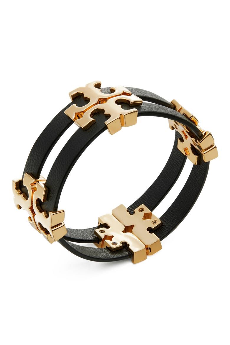 Serif T Stacked Leather Bracelet, Alternate, color, TORY GOLD / BLACK