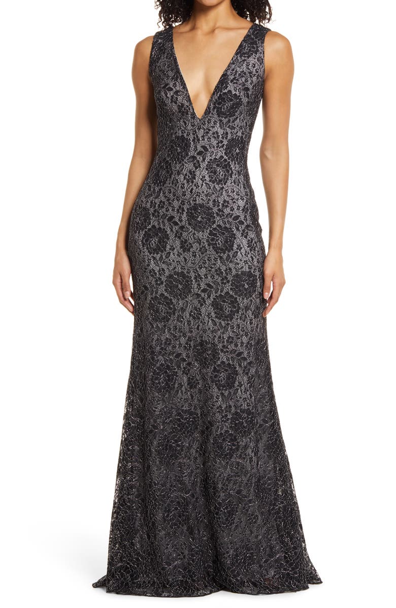 SHO by Tadashi Shoji Plunge Neck Metallic Lace Gown, Main, color, 