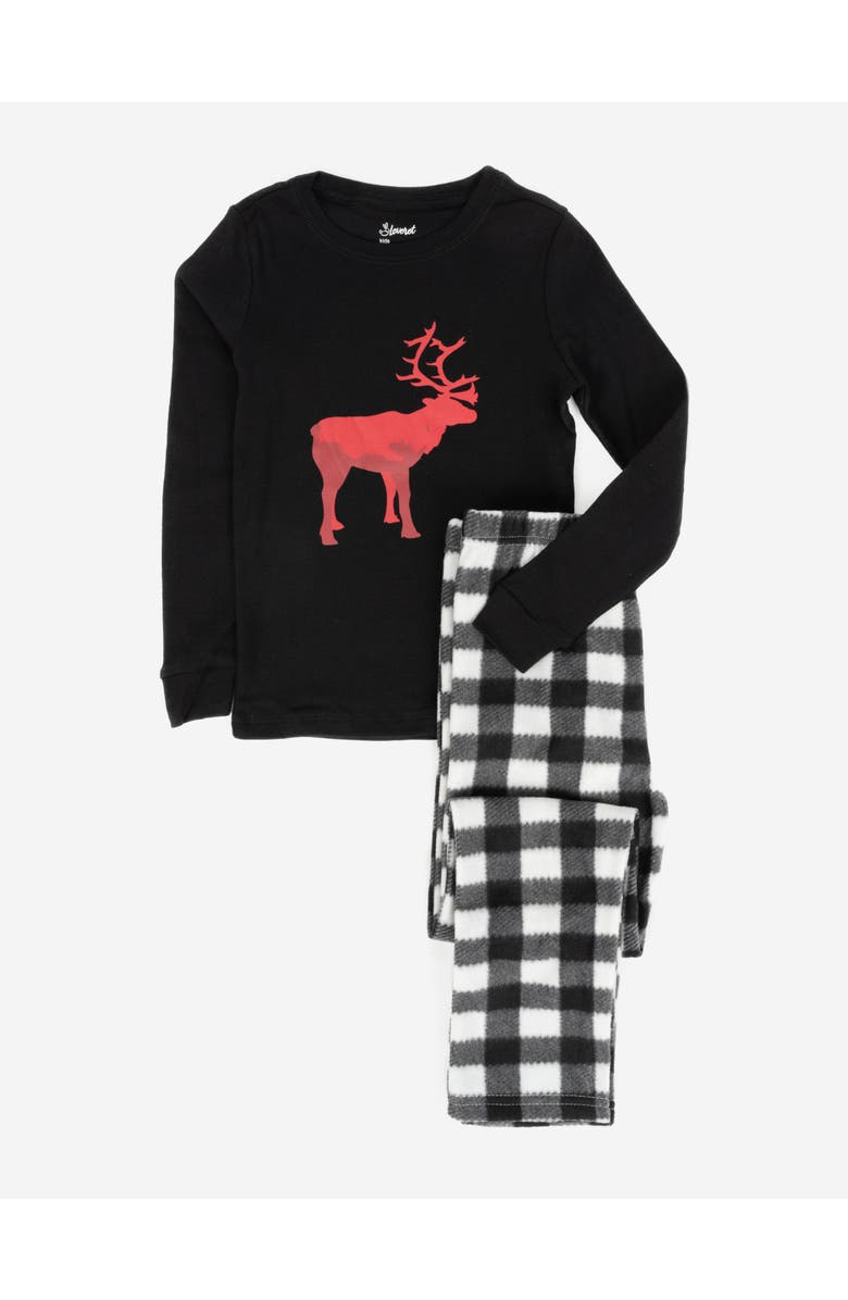 Leveret Kids Cotton Top & Fleece Pants Printed Holiday Pajamas, Main, color, Reindeer