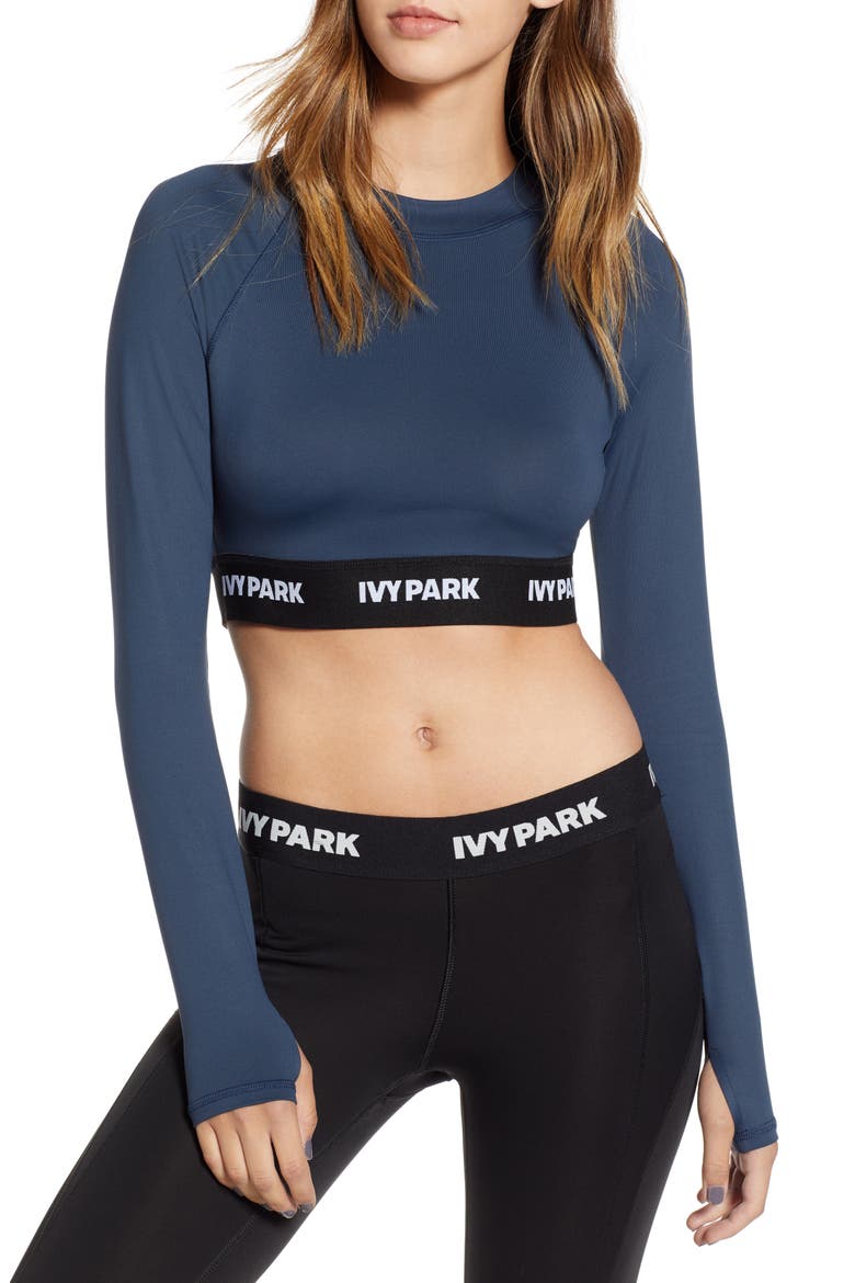 Logo Tape Open Back Crop Top, Main, color, MIDNIGHT NAVY